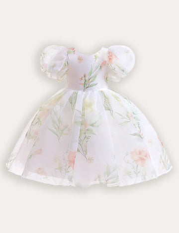 Bubble Sleeve Floral Tulle Party Dress